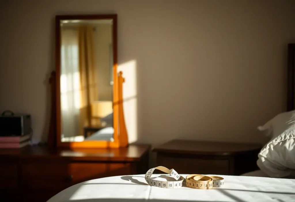 Un mètre ruban se trouve près d'un miroir dans une chambre.