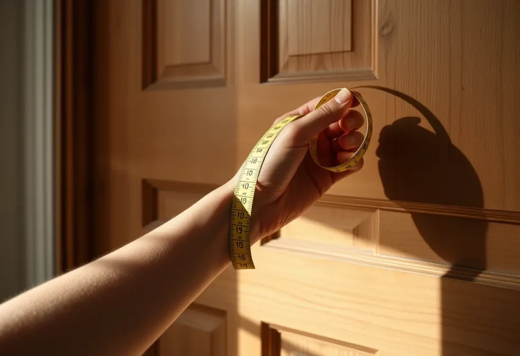 Une main utilise un mètre ruban contre un chambranle de porte, éclairé naturellement.