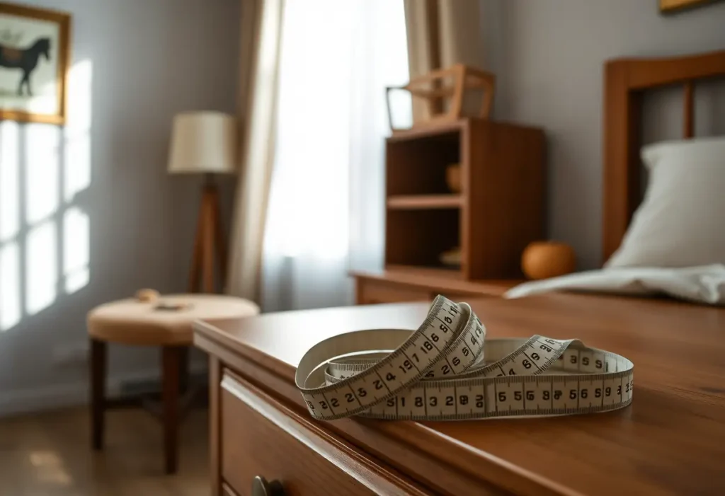 Ruban à mesurer posé sur une commode en bois dans une chambre accueillante, pour la prise de mesures