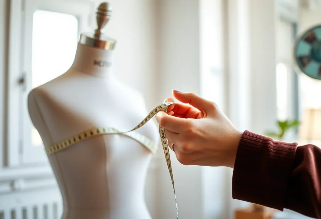 Main de femme tenant une règle souple autour d'un mannequin de couturière pour prendre les bonnes mesures