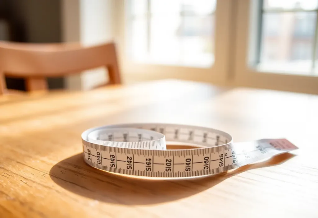 Une règle à mesurer posée sur une table, éclairée par la lumière du jour, utile pour prendre ses mesures de soutien-gorge