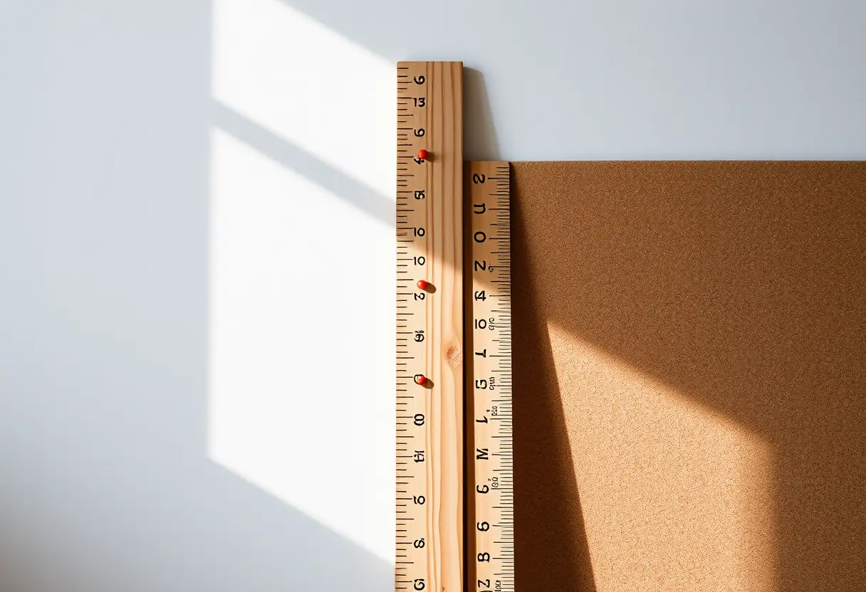 Un mètre droit accroché à un tableau de planches, utile pour prendre ses mesures de soutien-gorge
