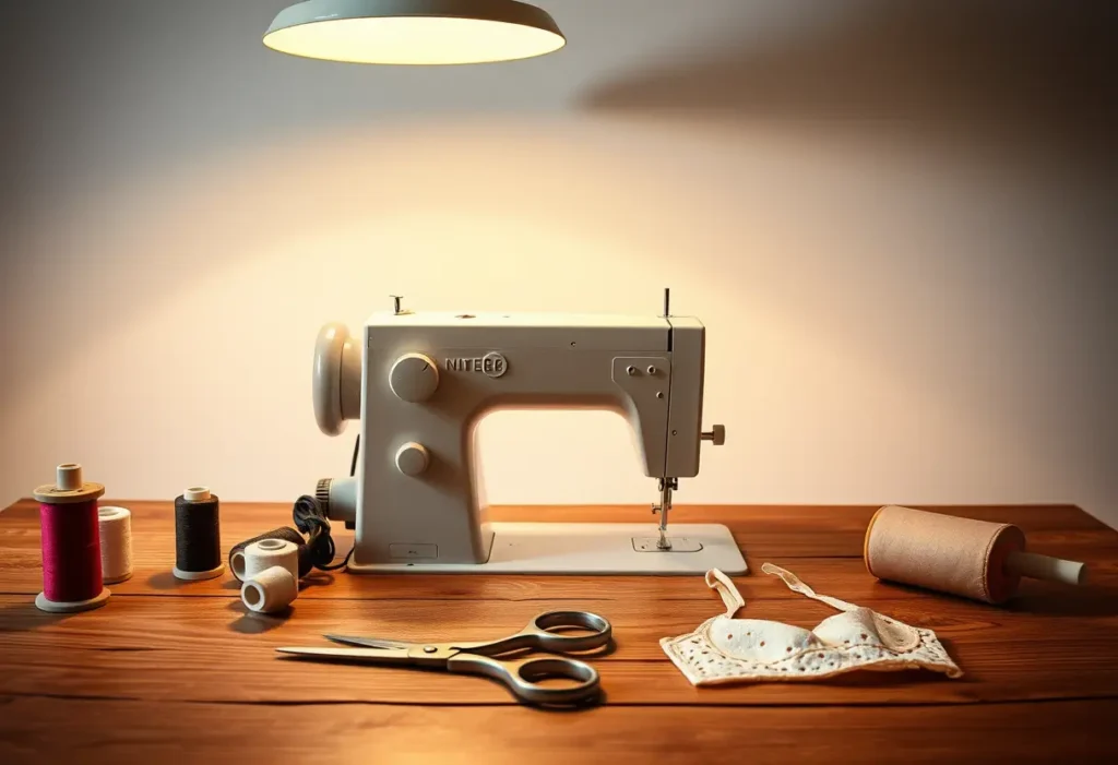 Machine à coudre avec bobines de fil et ciseaux posés sur une table en bois, illustrant l'attention portée à l'ajustement des bretelles