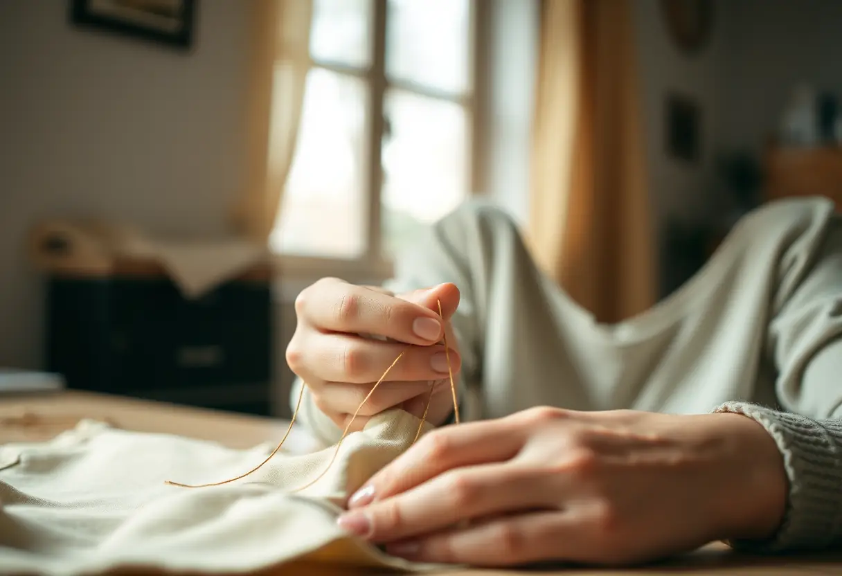 Main de femme en train de coudre une bretelle de soutien-gorge pour améliorer son confort