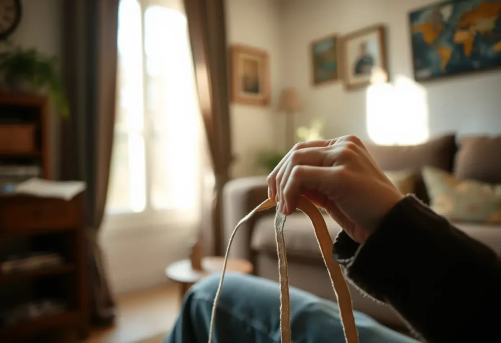 Une main féminine coud délicatement une bande de tissu dans un salon accueillant