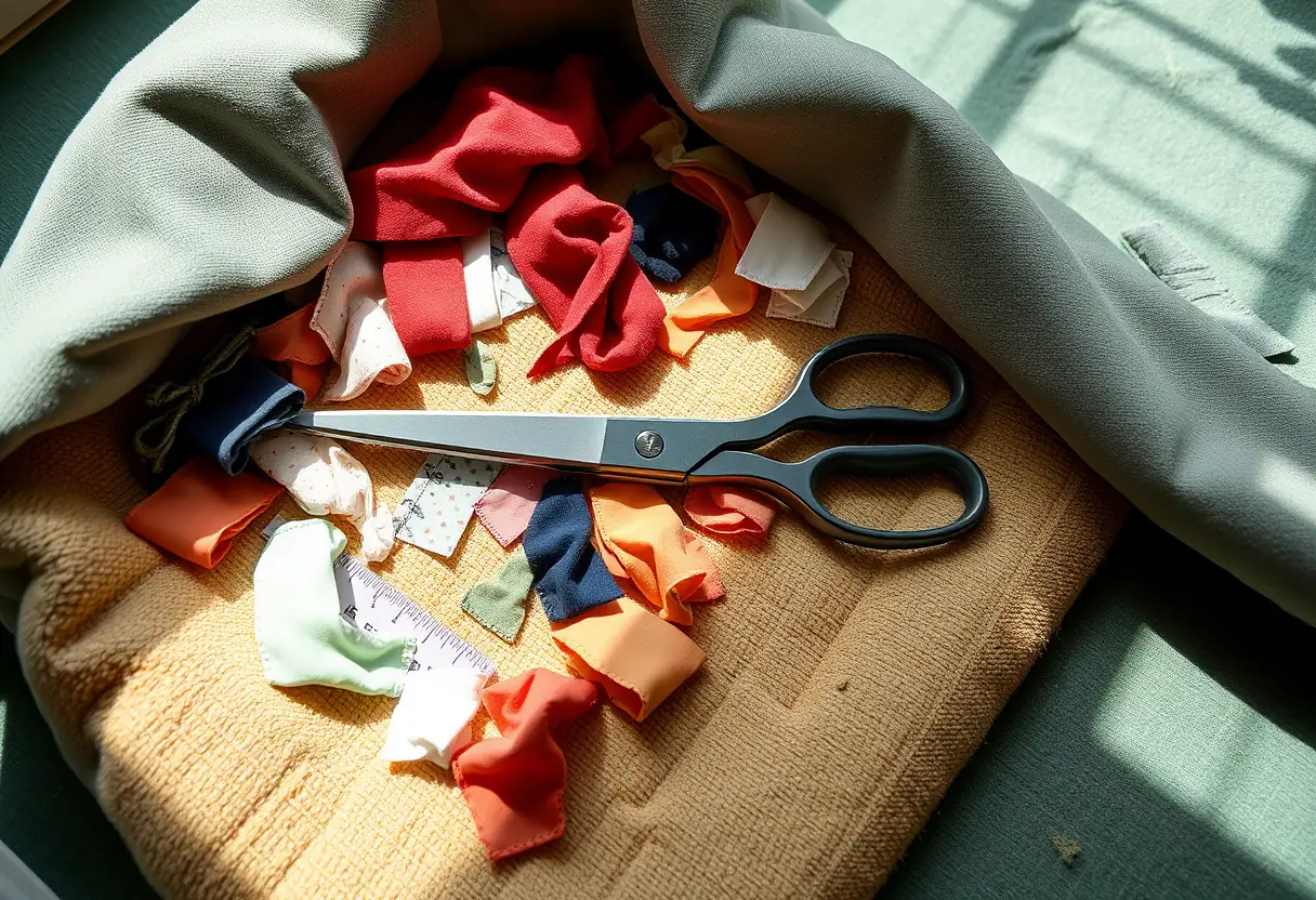 Une paire de ciseaux sur un tapis de découpe garni de morceaux de tissu, illustrant la réparation de soutiens-gorge.