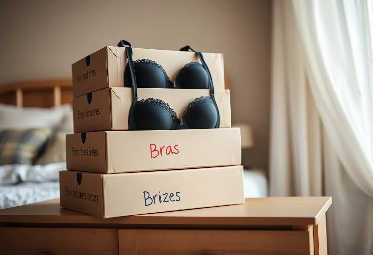 Boîtes cartonnaires rangées sur une commode, contenant différents types de soutiens-gorges pour une organisation optimale.