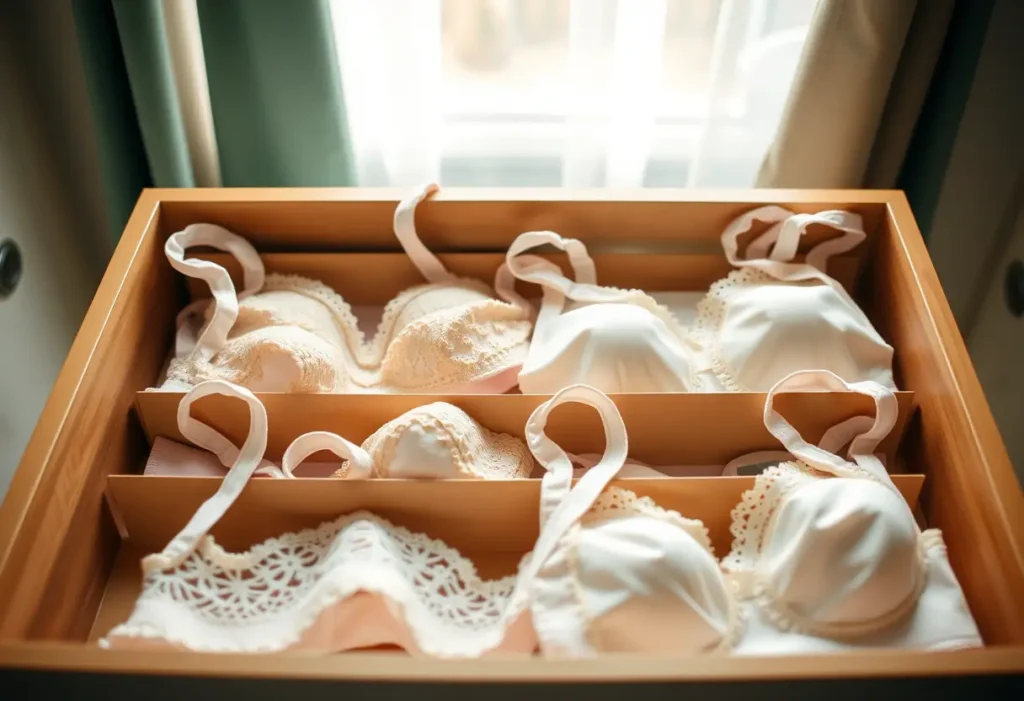 Une commode bien organisée contenant des soutiens-gorge disposés à plat avec des séparateurs