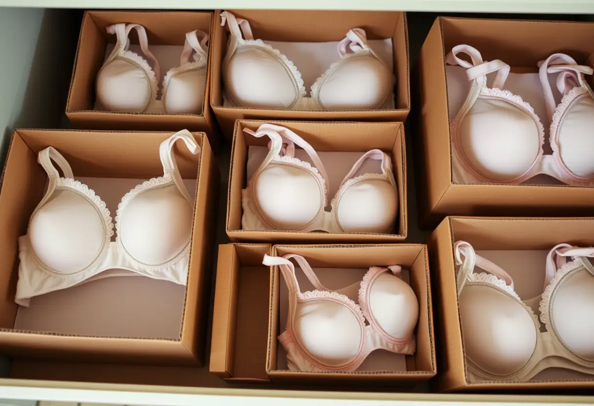 Des boîtes en carton remplies de soutiens-gorge soigneusement pliés dans un meuble de rangement