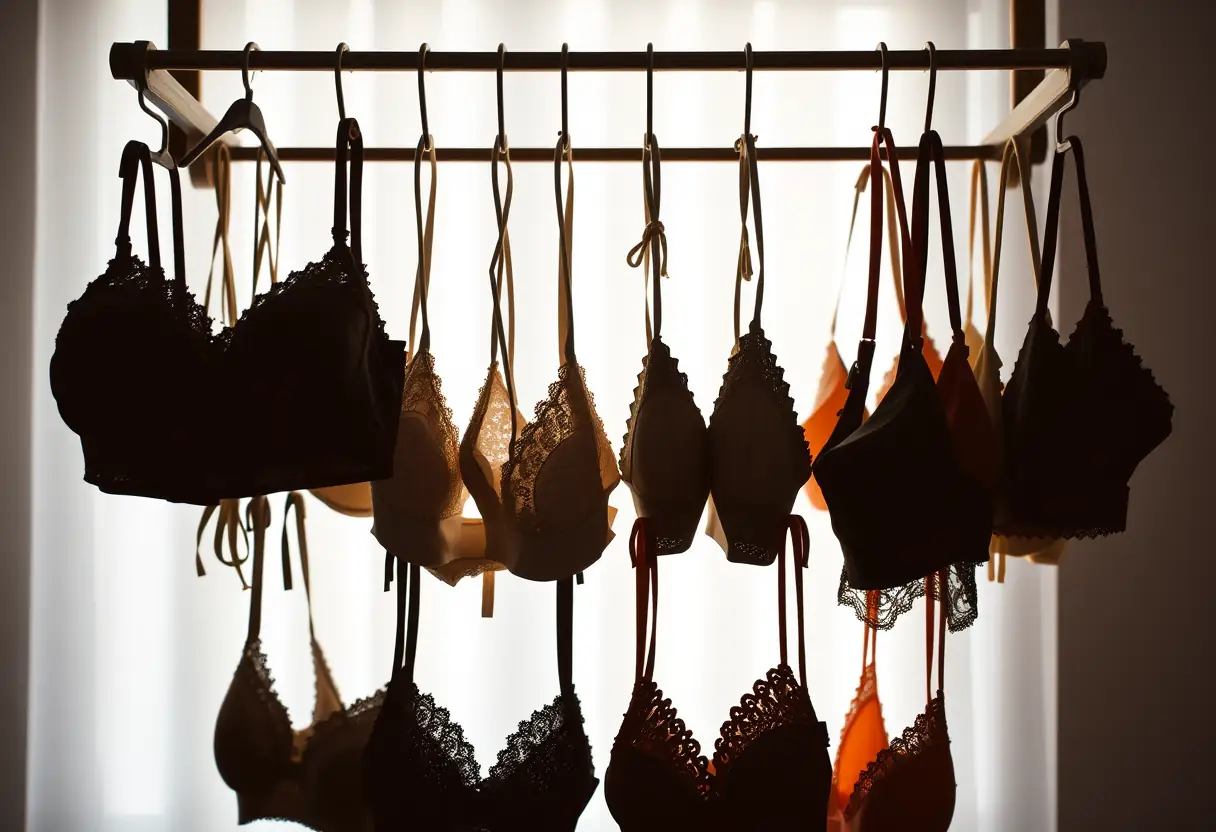 Des silhouettes de soutiens-gorge suspendus verticalement sur une barre métallique, créant une présentation harmonieuse grâce à leurs différentes formes et couleurs.