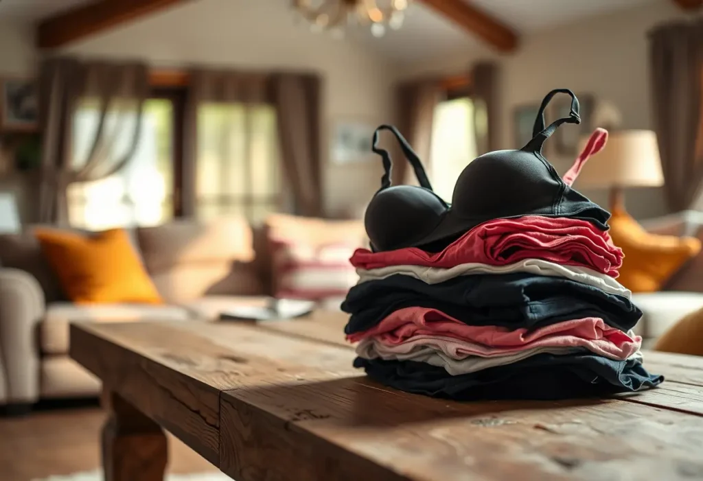 Un tas de soutiens-gorge recueillis sur une table en bois dans un salon accueillant, soulignant l'importance du recyclage textile