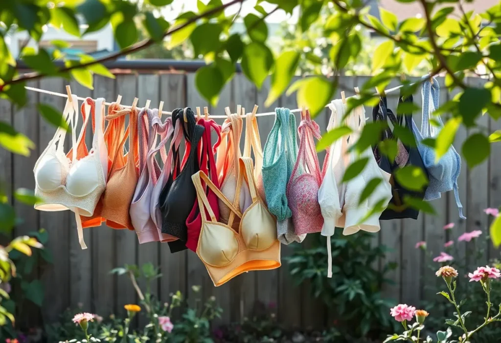 Des soutiens-gorge suspendus sur une corde à linge dans un jardin