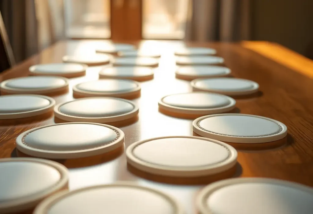 Des coussinets en silicone disposés soigneusement sur une table en bois, mettant en valeur leur texture réaliste sous la lumière naturelle.