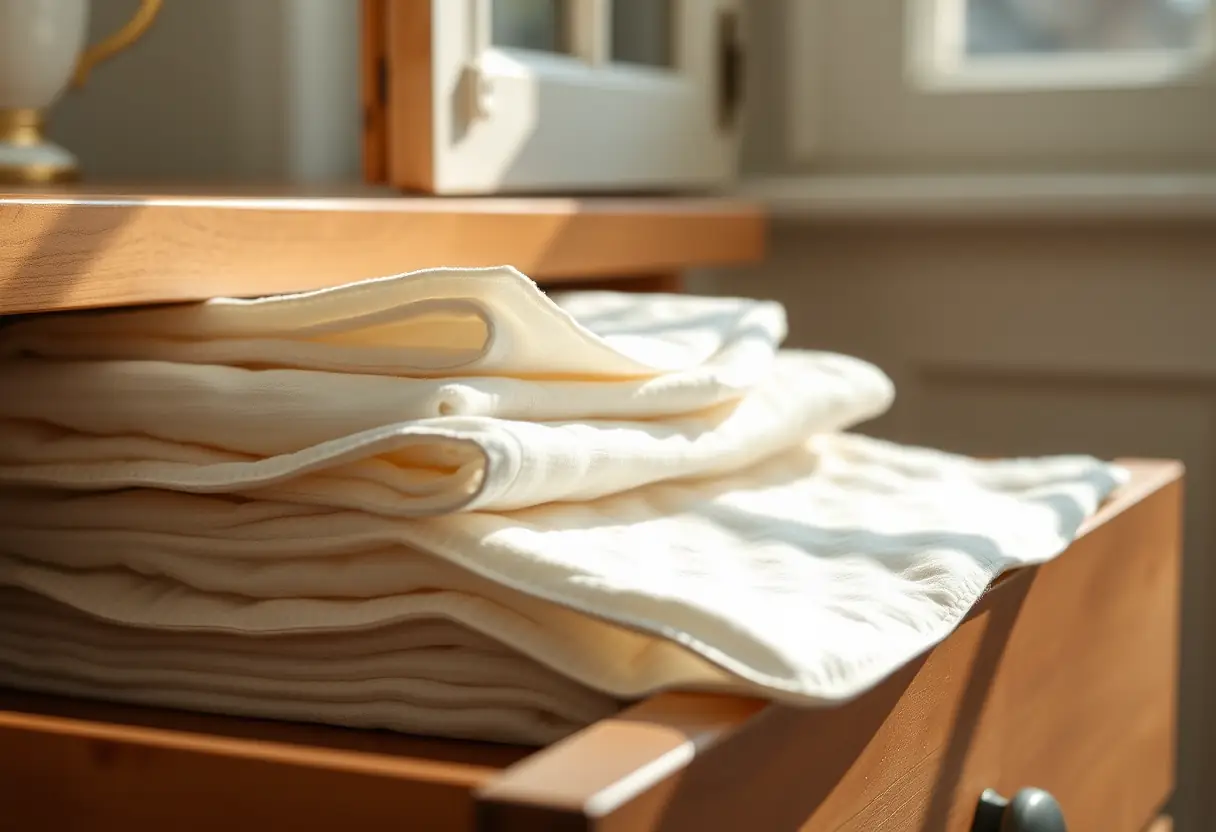 Des coussinets en coton repliés sont posés sur un tiroir de commode