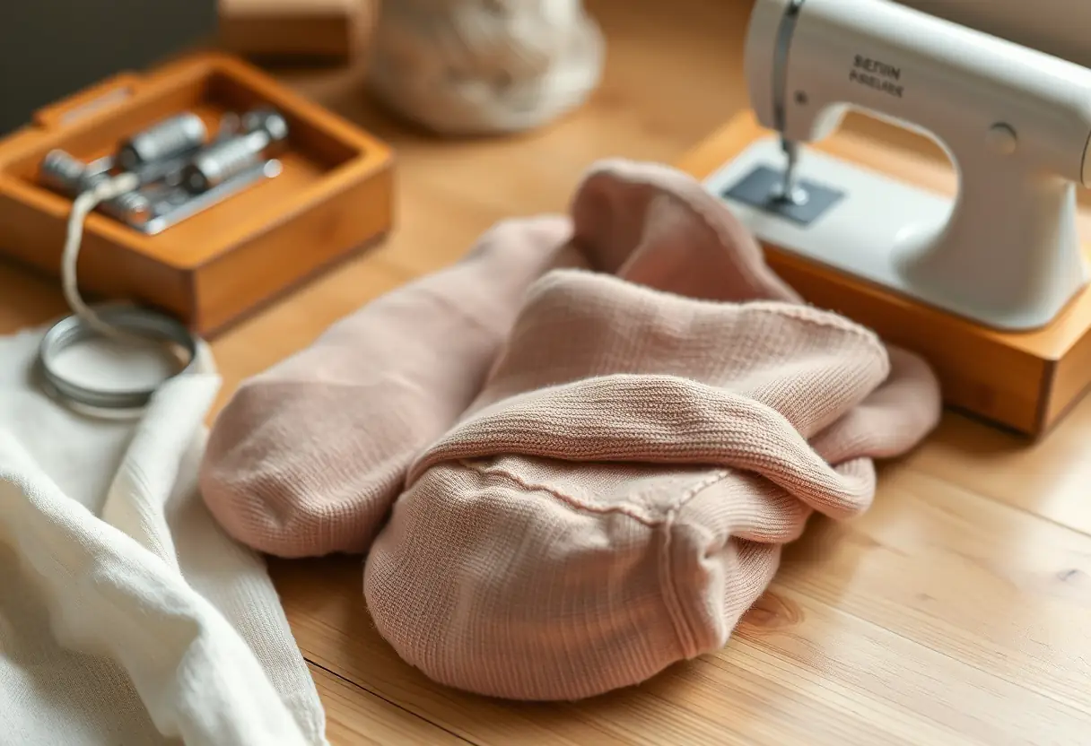 Des chaussettes en coton pliées près d'un nécessaire à couture posé sur une table en bois.