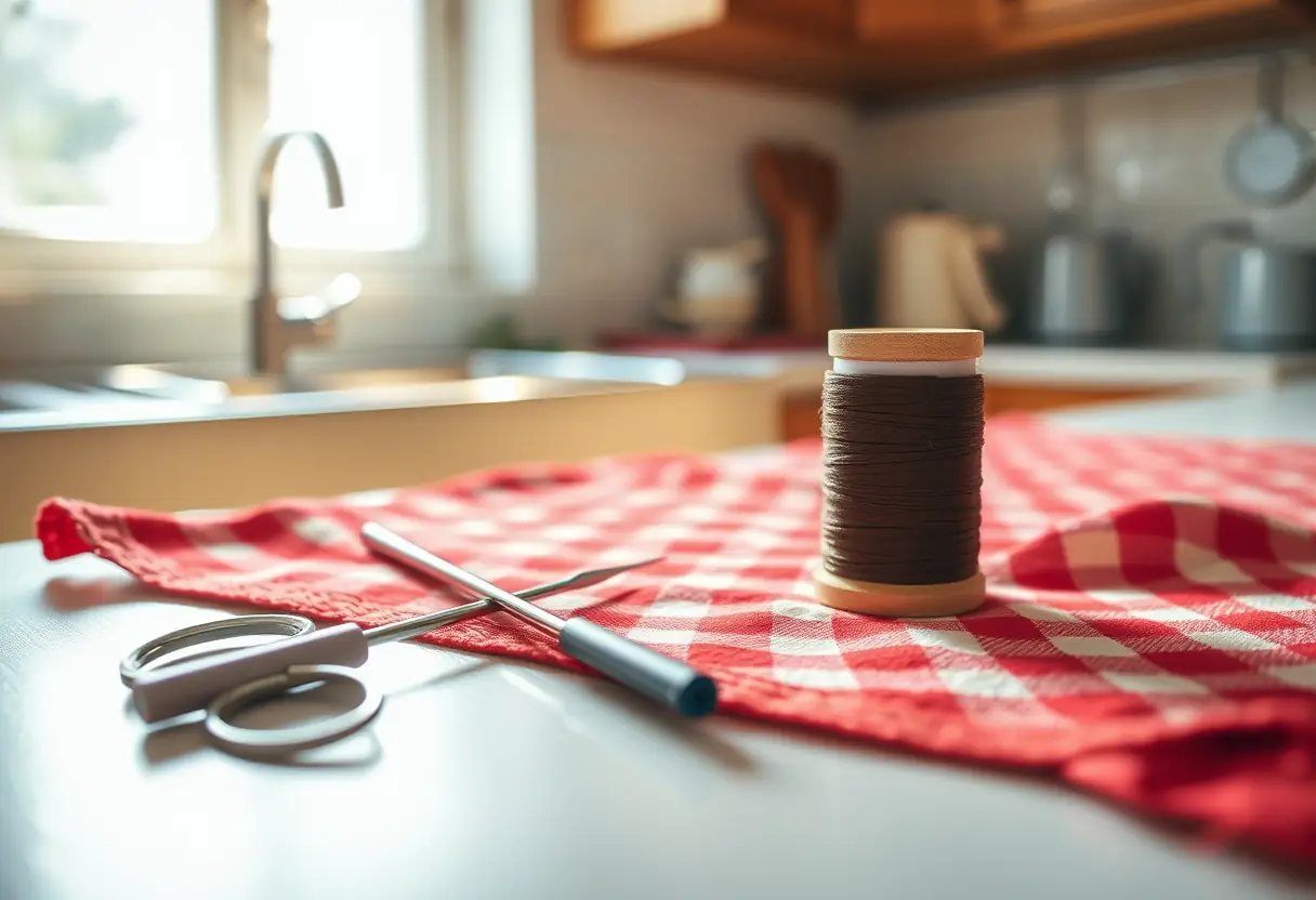 Une aiguille et un fil sur un comptoir de cuisine bien éclairé