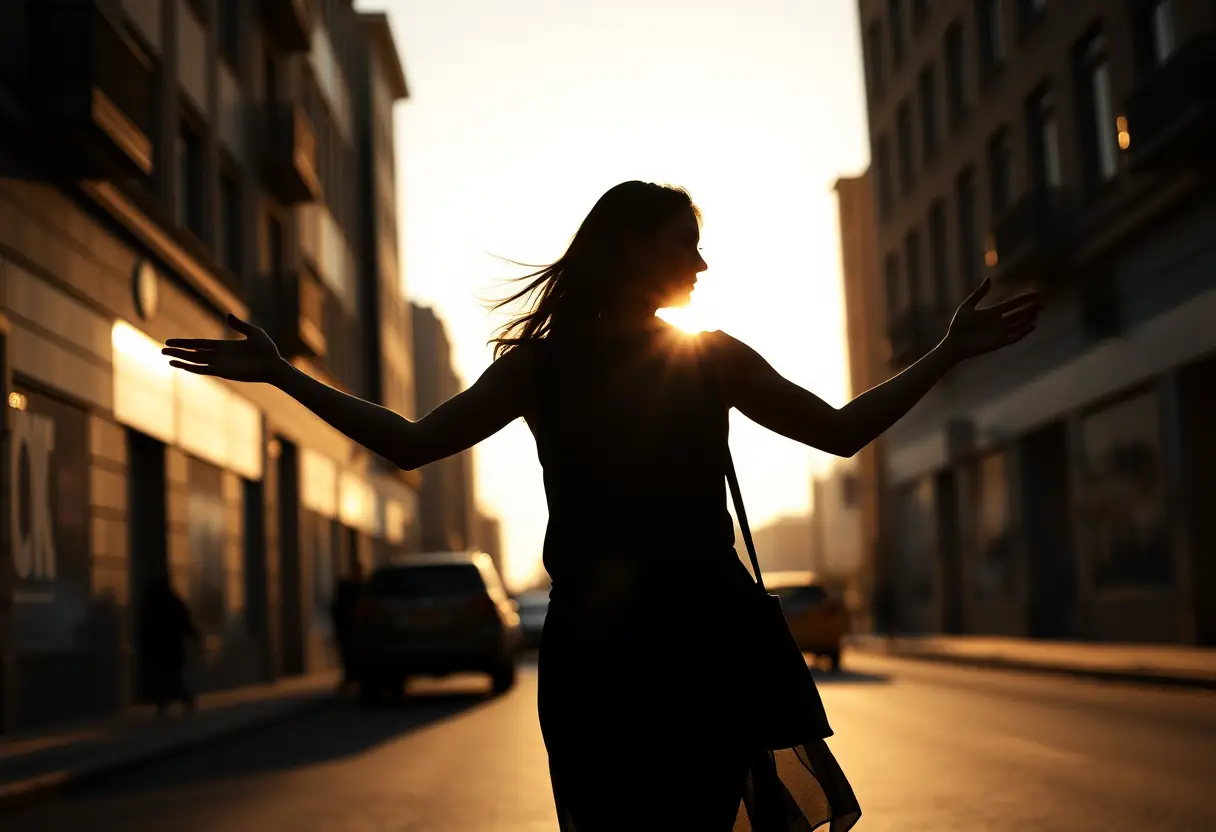 Silhouette de femme marchant dans la ville, soleil couchant derrière elle