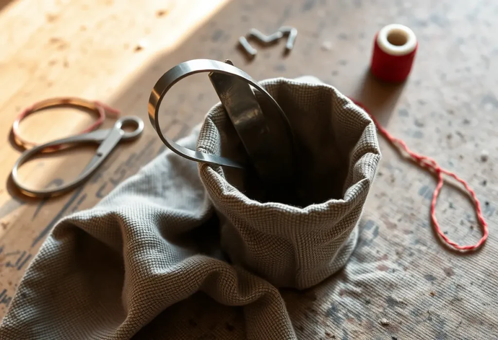 Barre métallique cassée sur un soutien-gorge, posée sur une table de couture avec des outils de réparation, illustration d'un article sur la réparation de soutiens-gorges.