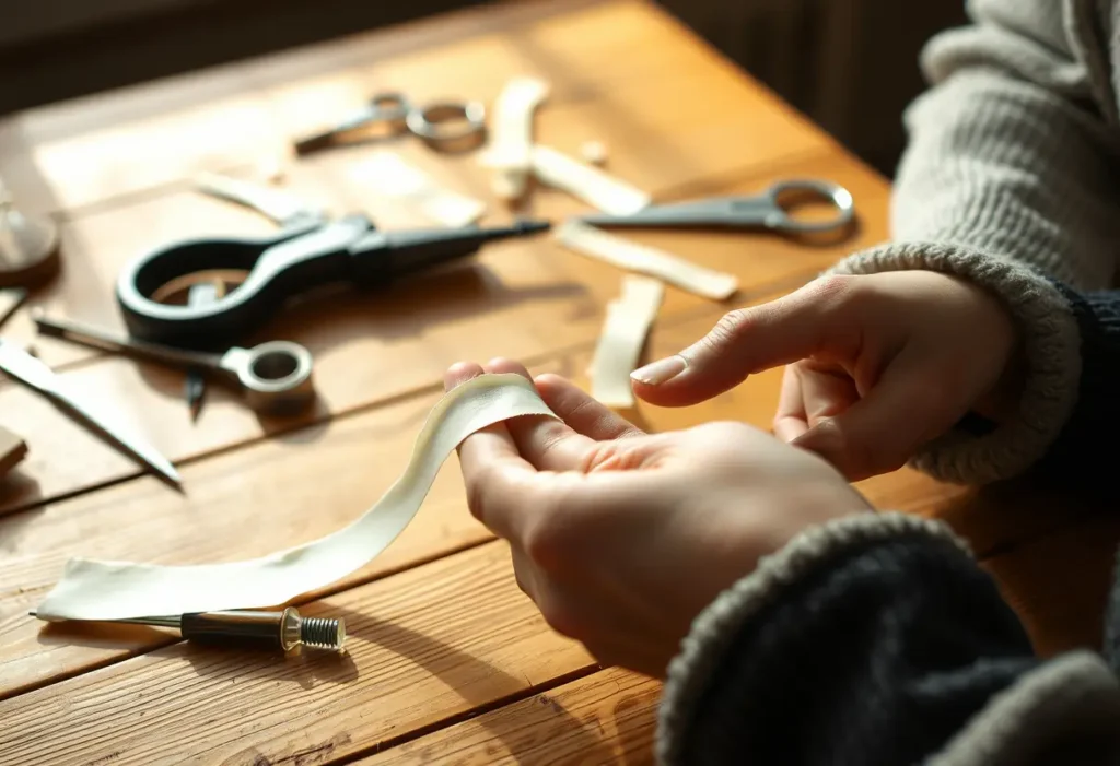 Une main féminine tient délicatement une languette cassée sur une table de couture, éclairée naturellement