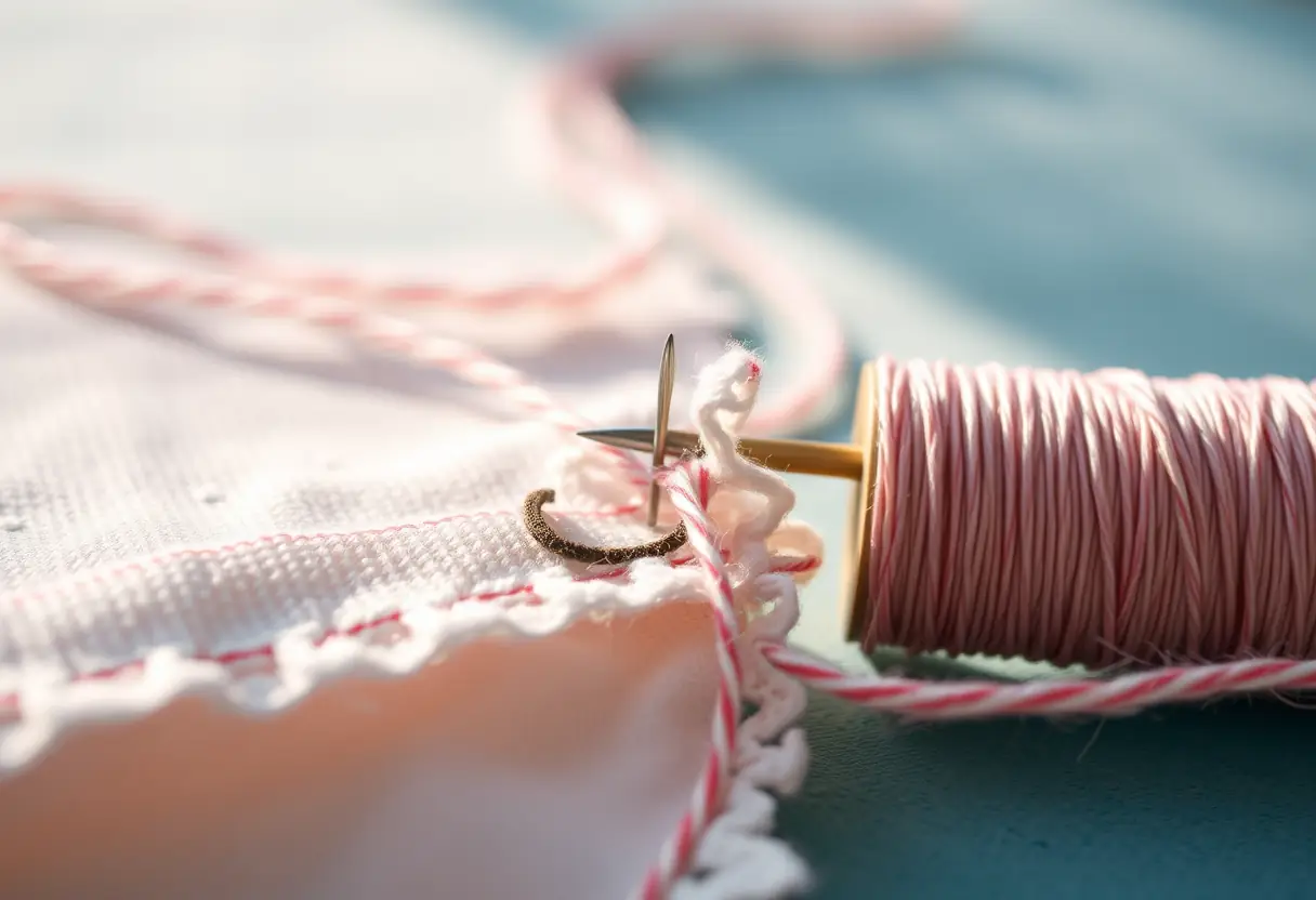 Vue rapprochée d'une aiguille de couture passant dans un tissu déchiré, éclairée doucement le matin