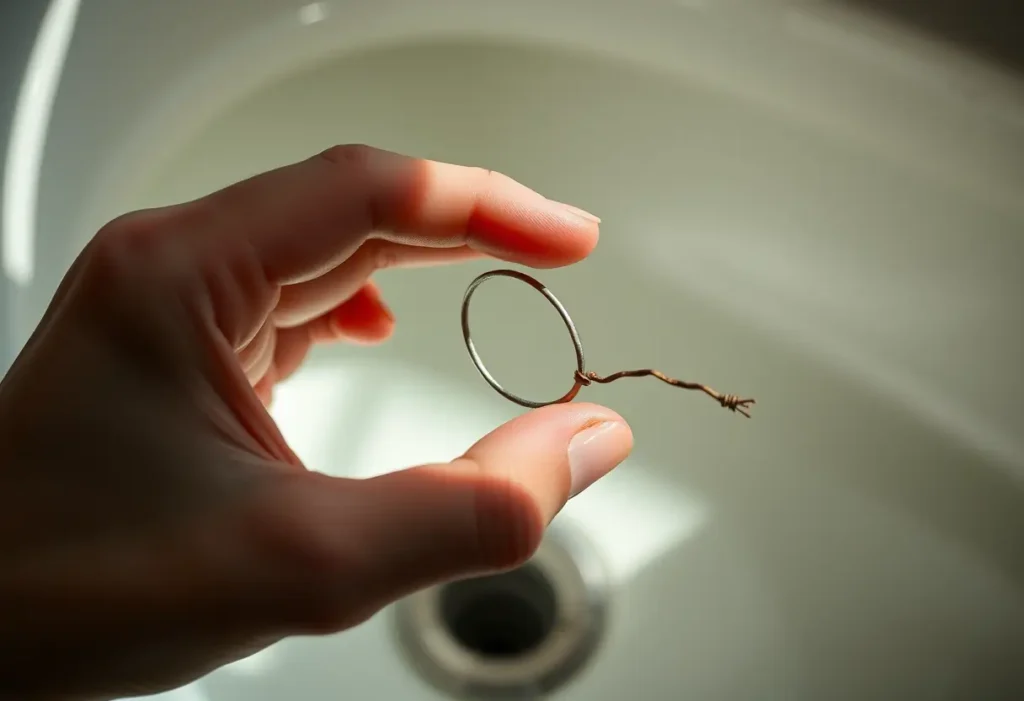 Une main féminine tient délicatement un petit bout de fil métallique usé au-dessus d’un évier, rappelant la nécessité de réparer une armature de soutien-gorge.