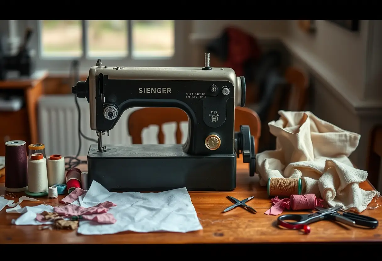 Une machine à coudre sur une table en bois, entourée de matériaux de couture, rappelle la réparation économique et écologique des armatures de soutiens-gorge.