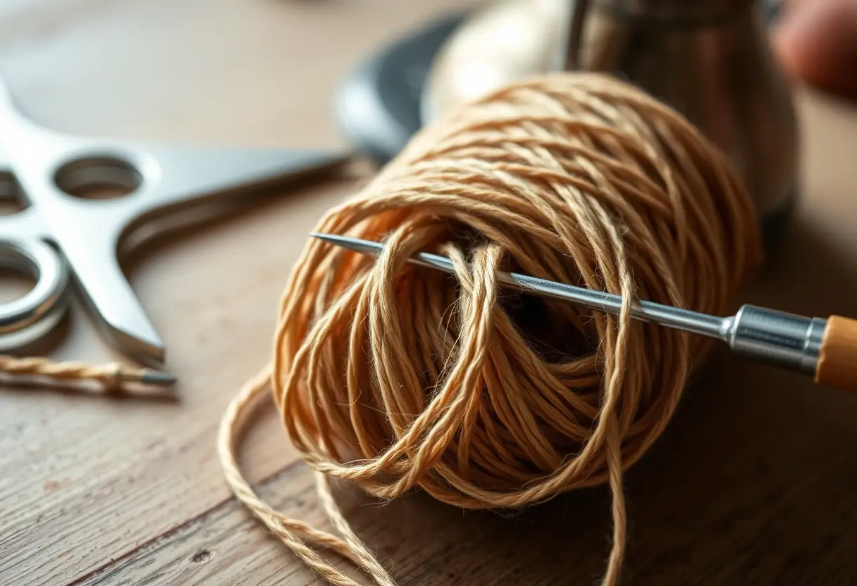 Fil épais enroulé autour d’une aiguille métallique, posé sur une table de couture avec des outils à proximité.