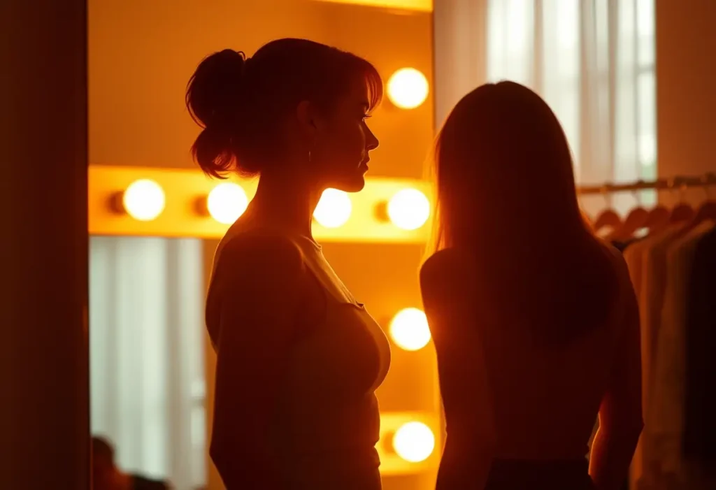 Silhouette d'une femme devant un miroir dans un vestiaire, examinant son reflet avec attention.