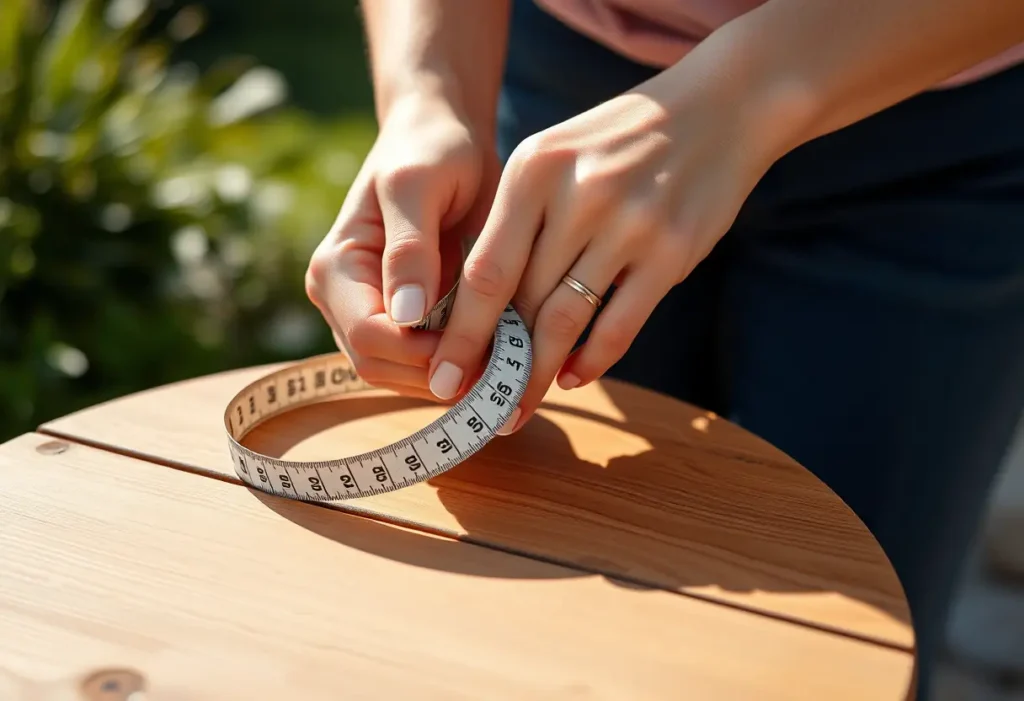 Une main féminine tient un mètre ruban enroulé autour d'une table en bois.