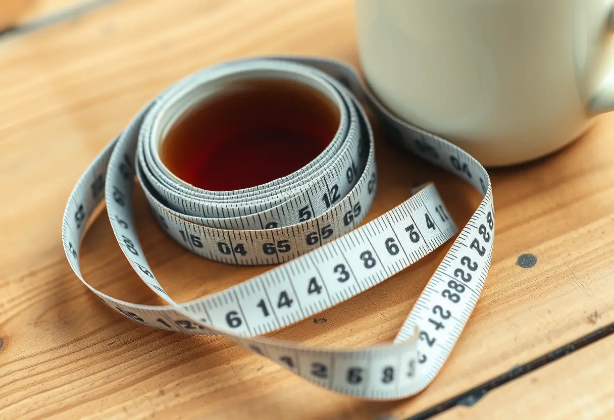 Un mètre ruban enroulé à côté d'une tasse de thé sur un bureau en bois