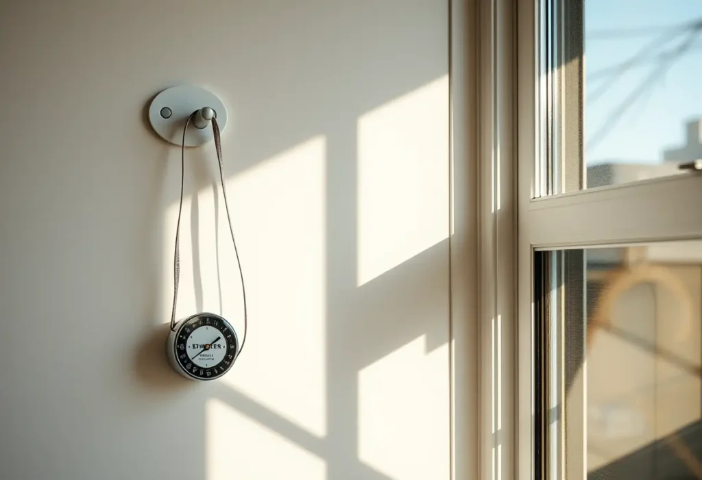 Un mètre souple accroché au mur, soulignant l'importance de bien mesurer sa poitrine