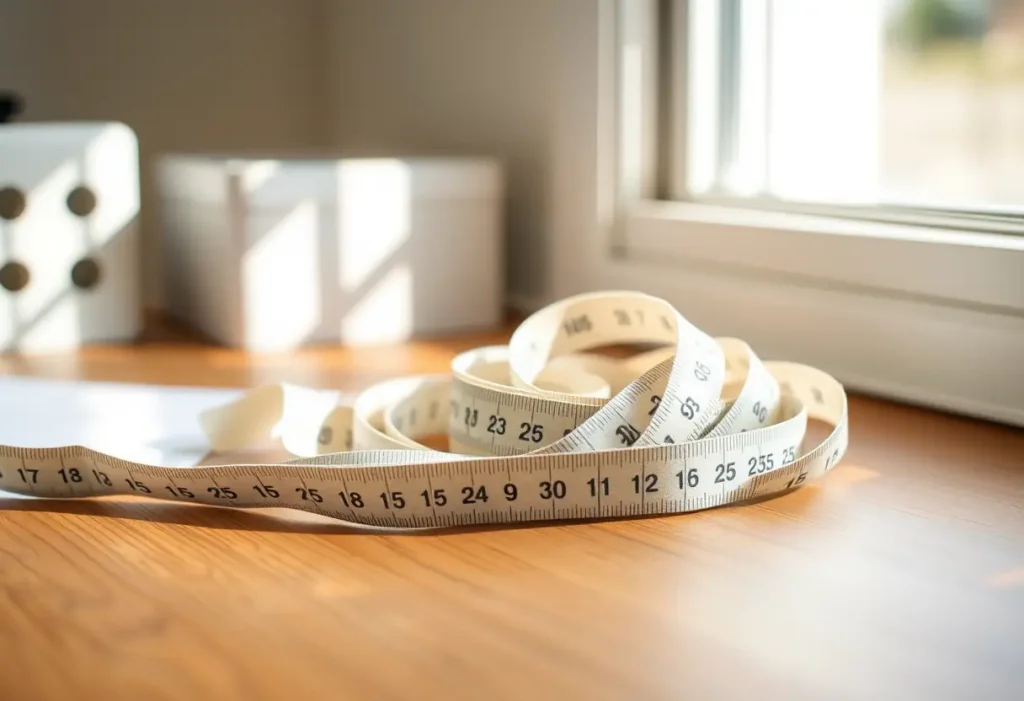 Un mètre ruban posé sur un bureau, outil de mesure pour connaître sa taille de soutien-gorge.