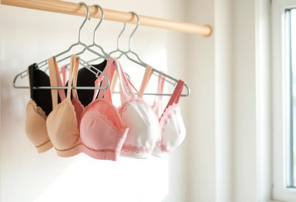 Un porte-vêtements avec différents soutiens-gorge dans une penderie, soulignant l'importance du bon ajustement