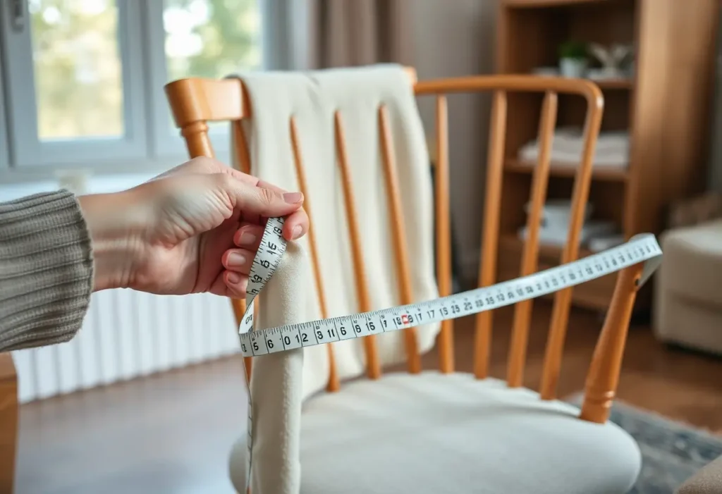 Une main féminine tient un mètre ruban doux autour d'une chaise en bois dans un salon accueillant, éclairé naturellement