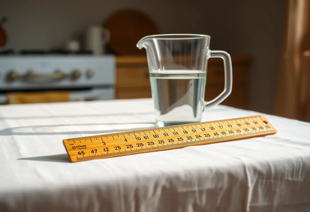 Un règle en bois posée sur une table couverte de lin blanc, à côté d'un verre d'eau, dans une cuisine bien éclairée