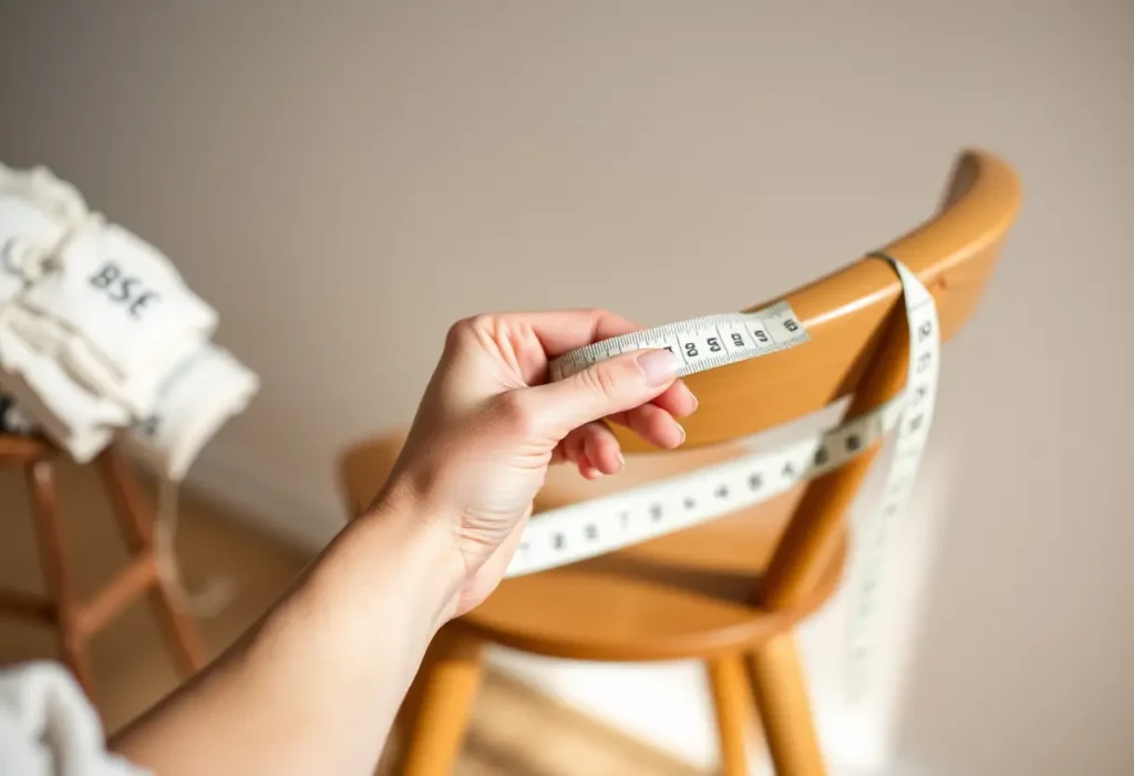 Une main féminine tient un mètre ruban autour d'un dossier de chaise en bois pour mesurer