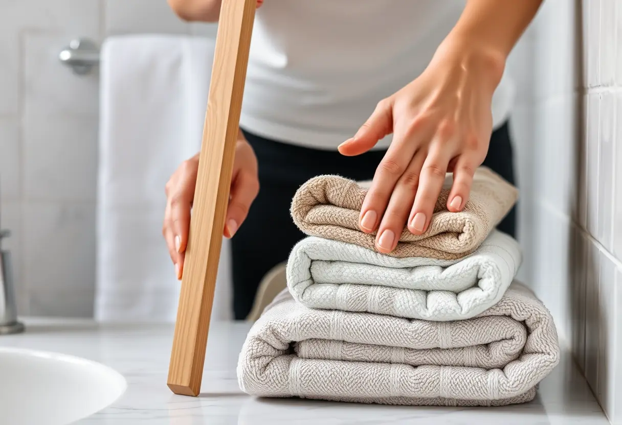 Des mains posent délicatement un mètre en bois à côté de serviettes pliées sur un meuble de salle de bains