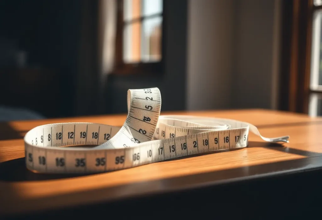 Un mètre ruban souple posé sur une table, symbolisant la prise de mesures pour le confort et la posture.