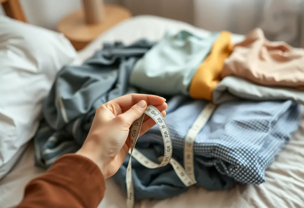Une main féminine tient un mètre ruban doux dans une chambre accueillante, mettant l'accent sur le confort et la bien-être