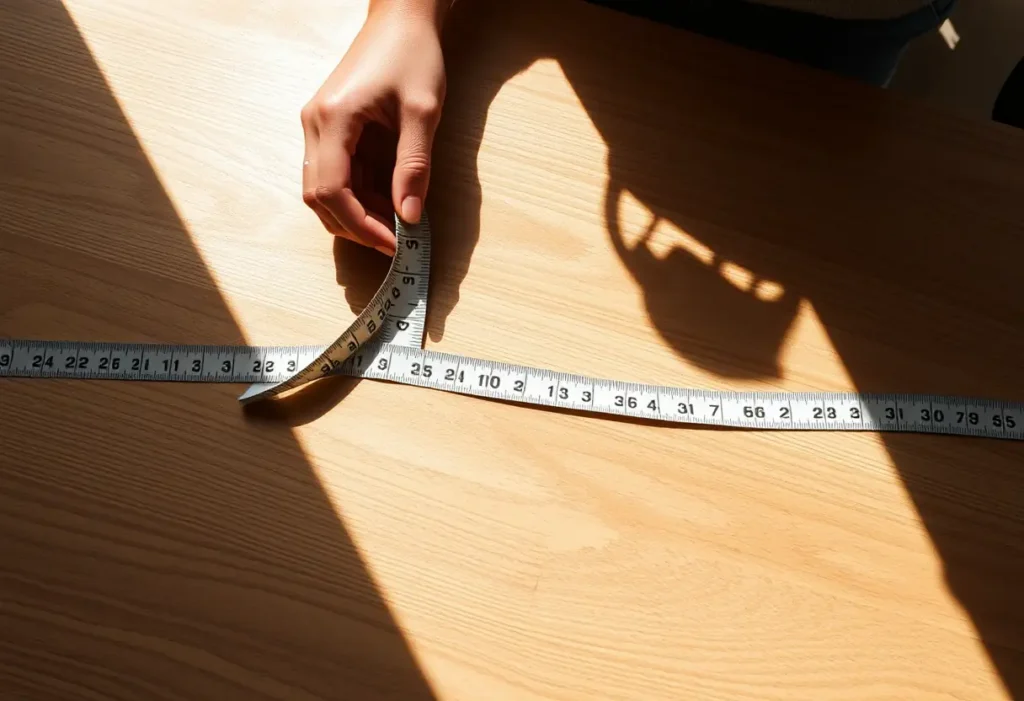 Un mètre ruban posé sur une table, une main féminine prend des mesures avec précision