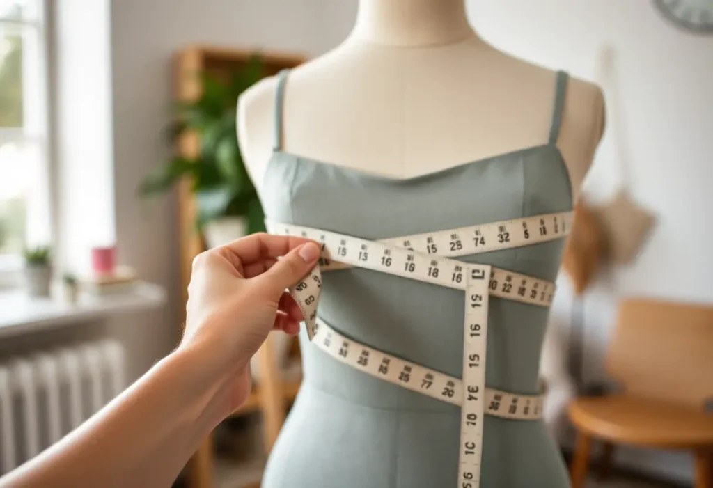 Main de femme tenant un ruban à mesurer doux autour d'un mannequin, mettant en valeur l'importance des mesures précises pour le confort et l'estime de soi