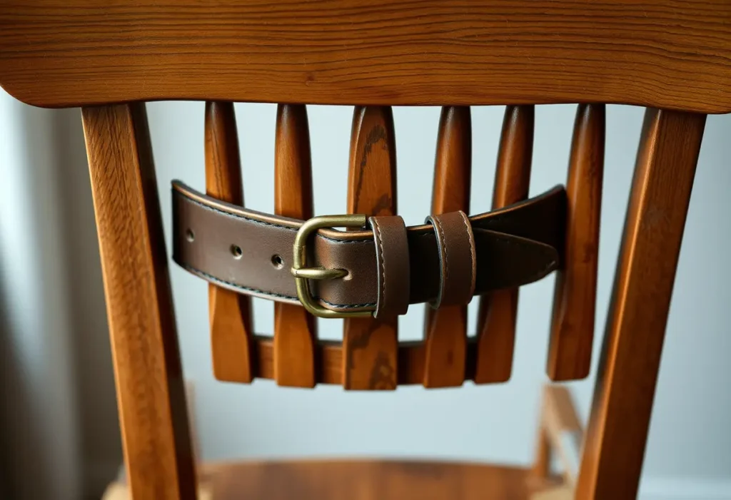 Une ceinture en cuir serre fermement le dossier d'une chaise en bois, illustrant comment le bandeau remonte dans le dos.