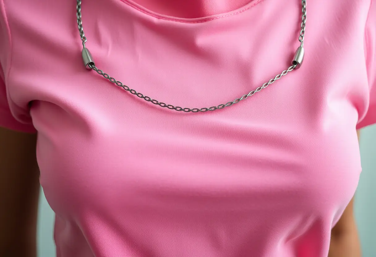 Des armatures métalliques croisées sur un chemisier rose, légèrement déformées, soulignant comment les armatures peuvent être inconfortables.