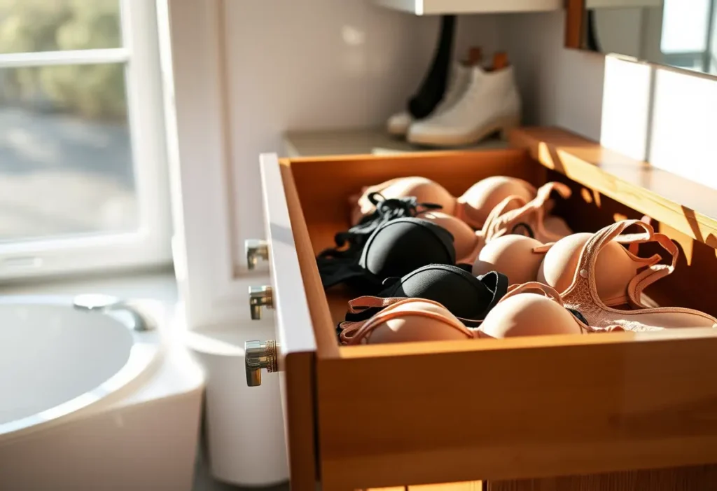 Un tiroir de commode ouvert révélant des soutiens-gorge pliés avec soin dans une salle de bains bien éclairée