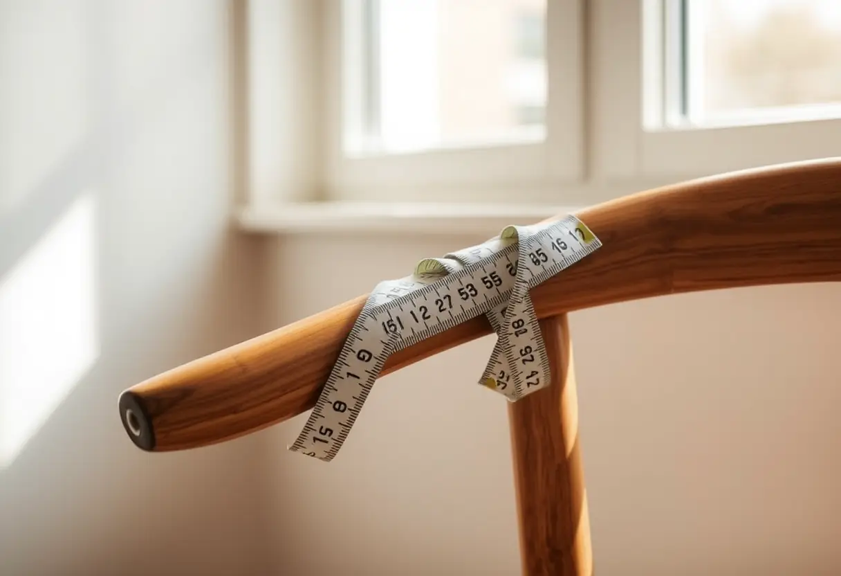 Une règle souple enveloppe le bras d'une chaise en bois, éclairée par la lumière du jour.
