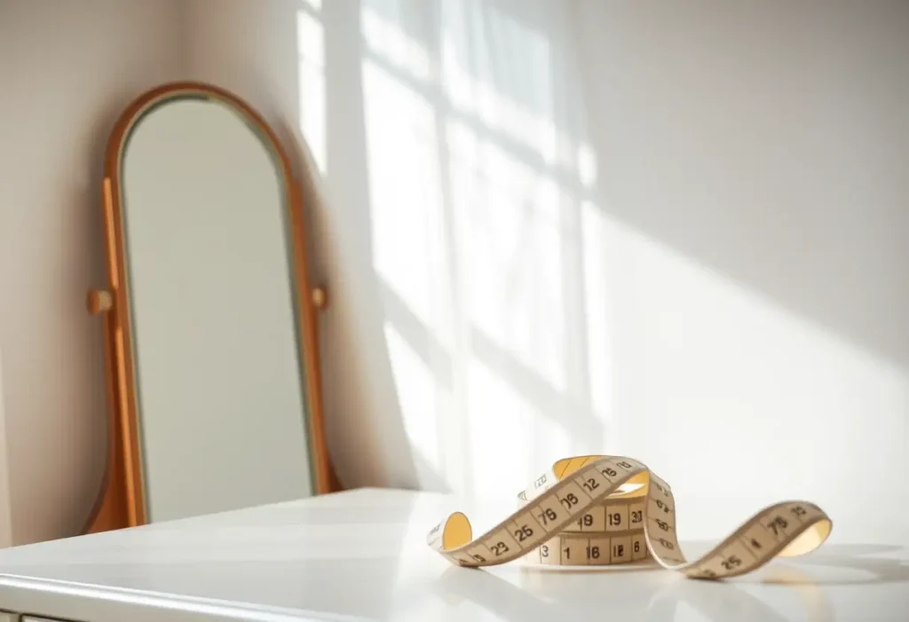 Un miroir accroché au mur avec une règle souple pliée sur une commode
