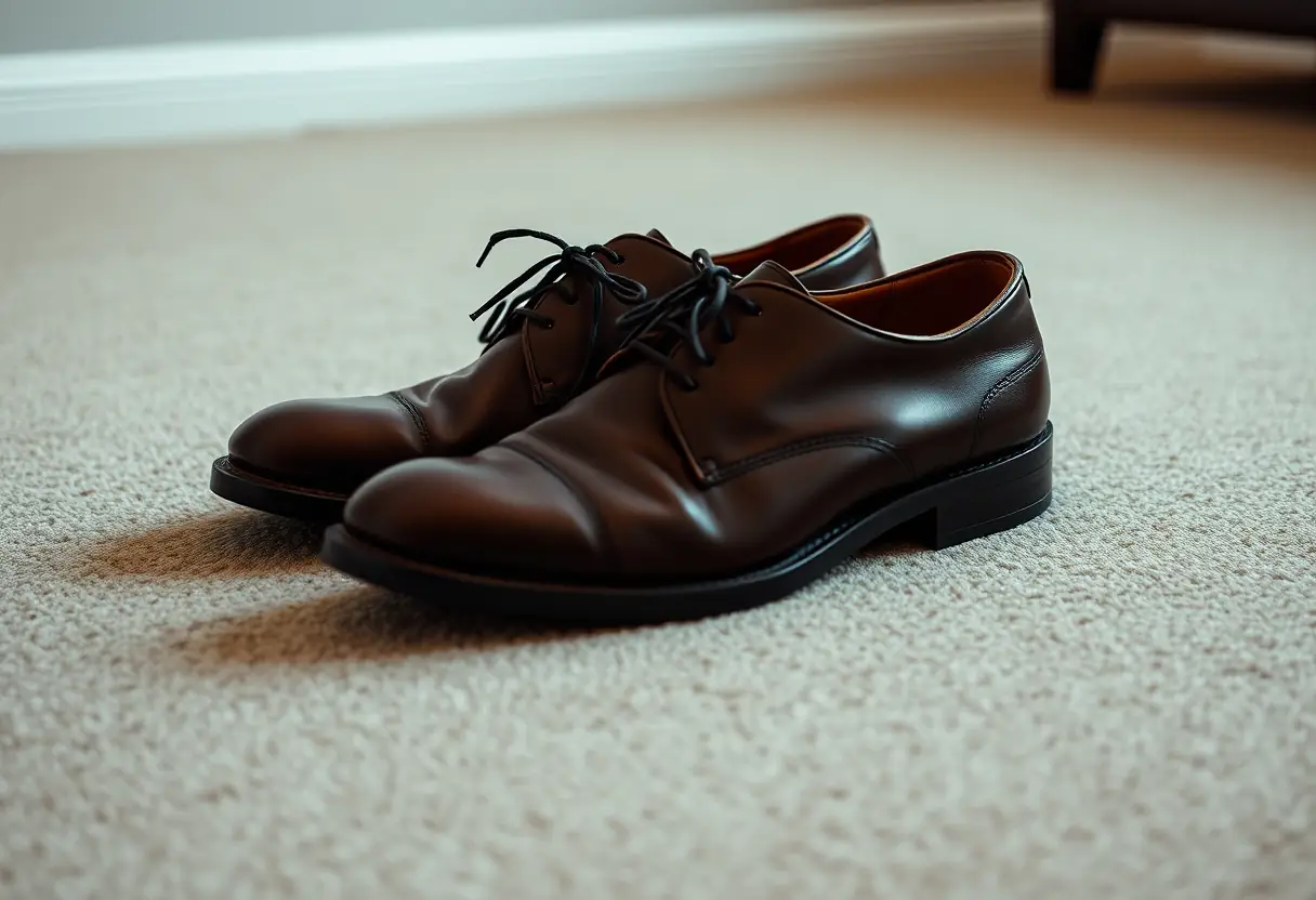 Des chaussures en cuir brun foncé usées posées sur un tapis, leur surface polie brillant légèrement