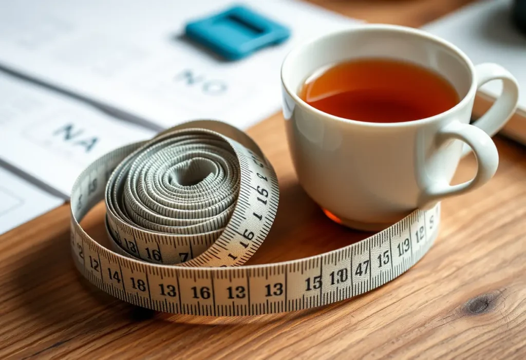 Un mètre ruban enroulé sur un bureau en bois, à côté d’une tasse de thé, soulignant l’importance des mesures précises.