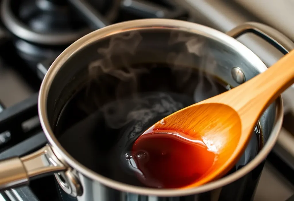 Une cuillère en bois remue délicatement une teinture chauffée sur la cuisinière