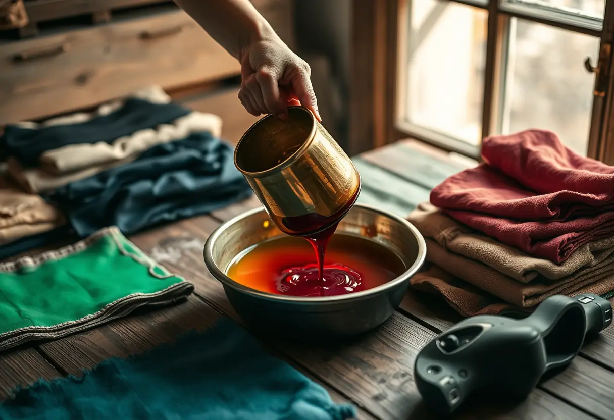 Une main plonge délicatement un seau en métal dans un bassin de teinture vif, entourée de sous-vêtements pliés sur une table en bois